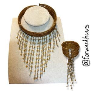 Statement Cuff Necklace & Bracelet Set – Gold Tone Beaded Fringe